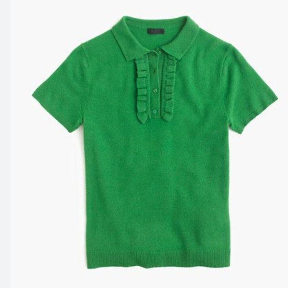 J Crew Collection Italian Cashmere Ruffle Polo Short Sleeve Sweater S